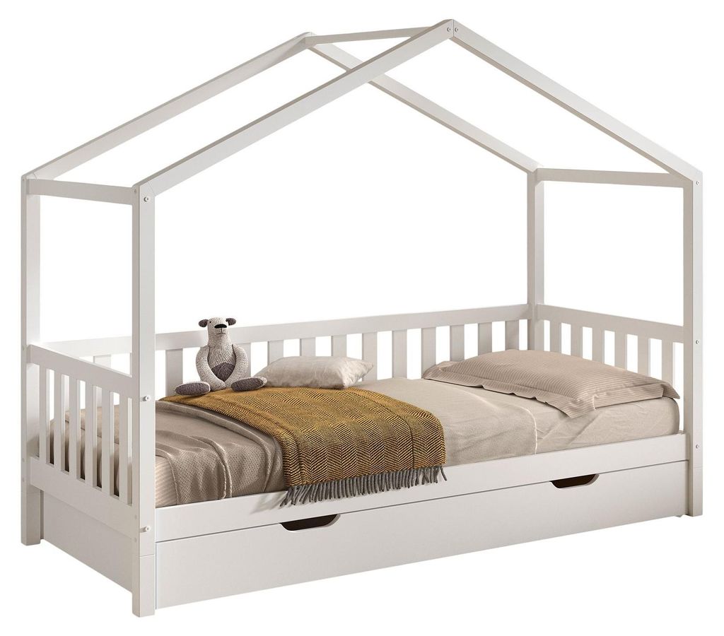 Hausbett Kapua 90x200 mit Bettschublade Kiefer Massivholz Weiß
