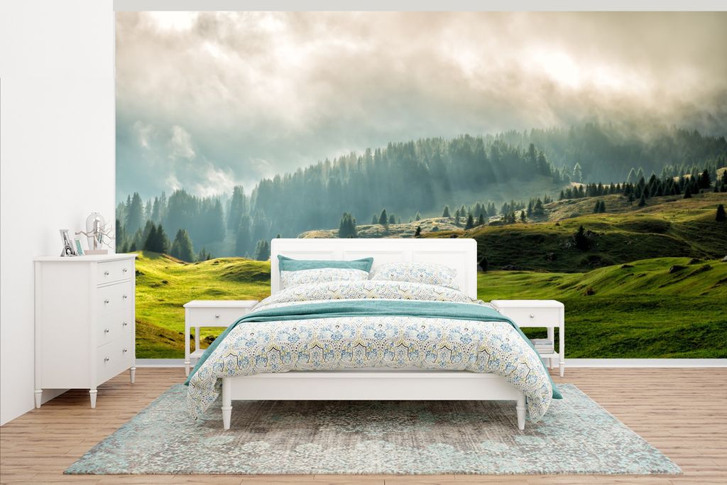 MuchoWow Fototapete für Wohnzimmer oder Schlafzimmer Wandtapete Vinyl Motivtapete Alpen - Wald - Bäume - 465x260 cm - Hintergrundbild