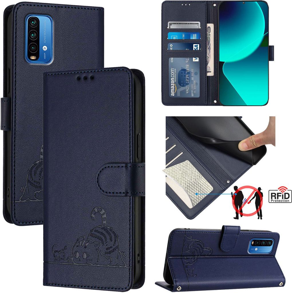 Leder Hülle für Xiaomi Redmi Note 9 4G Süße Katze Flip Case Brieftasche Schutzhülle mit Standfunktion Blau