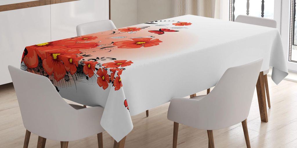 ABAKUHAUS Mohn Tischdecke, Floral Flash Hintergrund Mit Schmetterlingen Frühlingssaison Hoffnung Inspiration Thema, 140 x 170 cm, Schwarz Weiß Rot