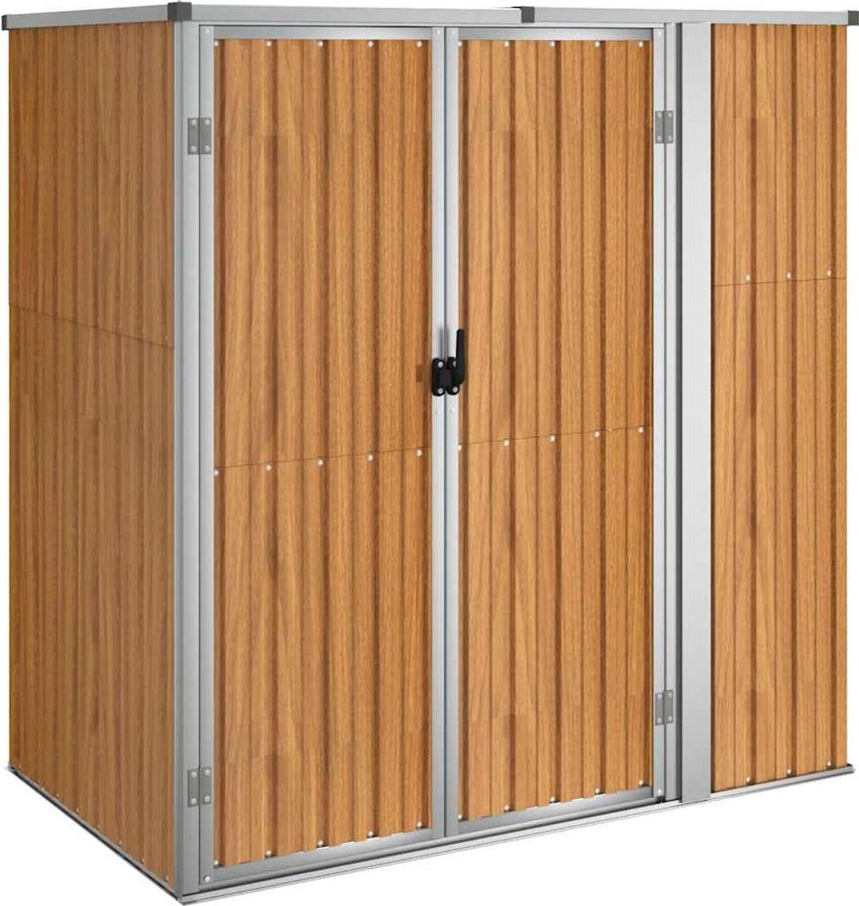 A brown and silver storage shed with double doors.