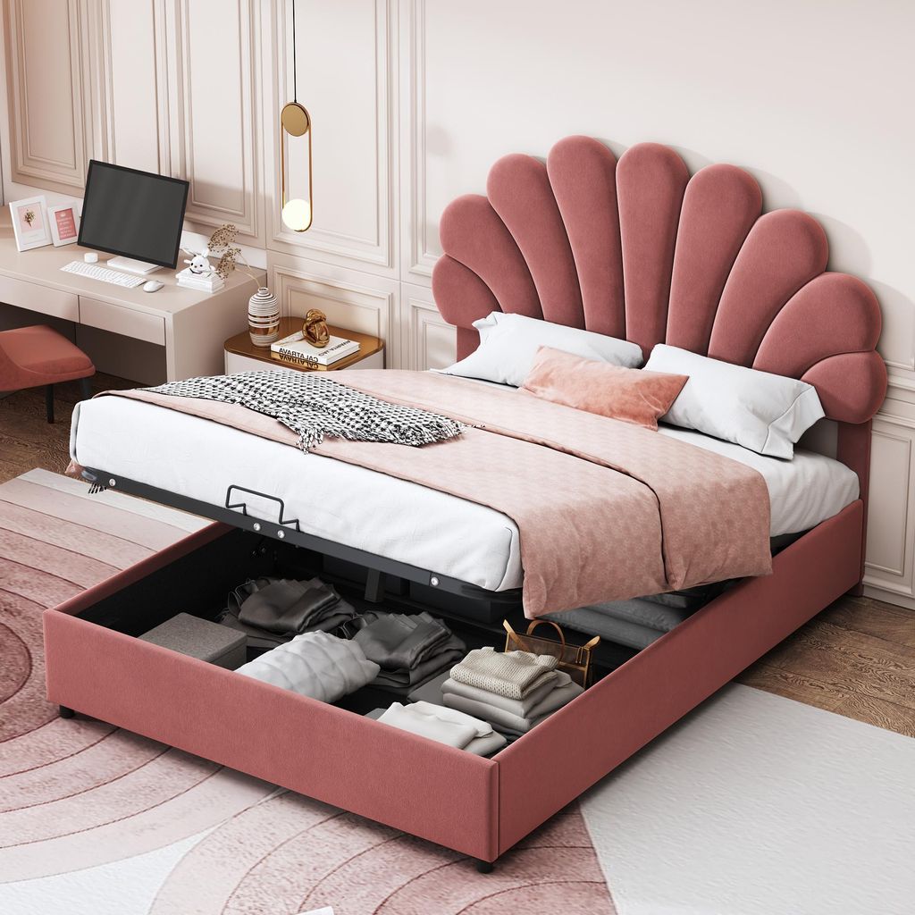 OKWISH Lit Coffre 140x200 cm - Tête De Lit Fleur Réglable - Image du produit 