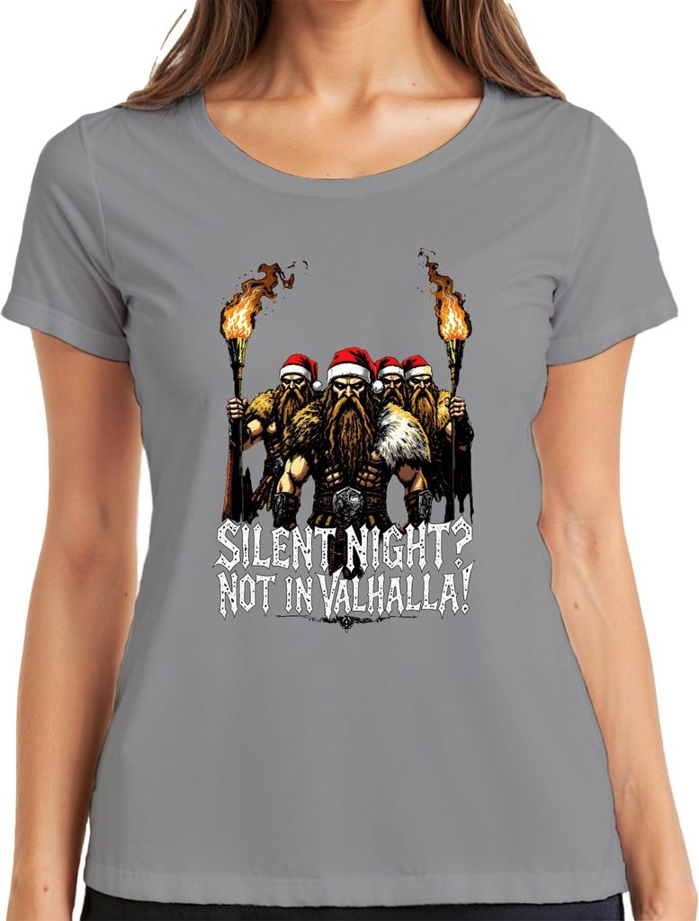 Silent Night Not In Valhalla Wikinger Krieger Fackel Santa lustig Damen T-Shirt, Grau, XXL