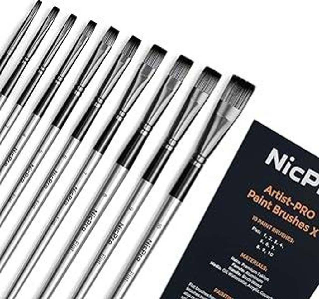 Nicpro 10 Stück Flaches Pinsel Set, Kunstmalpinsel für Acryl, Aquarell, Öl, Gouache, Basteln, Detailmalerei, Gesichts- und Körperbemalung, Grun...
