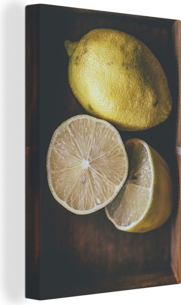 OneMillionCanvasses - Leinwandbilder - 90x140 cm, Altmodische Zitronen mit dunklen Farbtönen in einer Holzkiste, Wandbilder Kunstdruck Wanddekor...