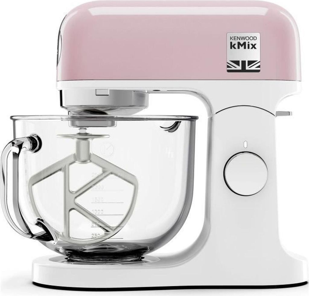 A pink and white Kenwood kitchen mixer is shown against a white background.