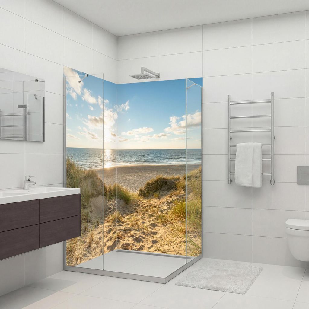 dedeco Eck-Duschrückwände Aluminium wasserfest Motiv: Dünengras V4, Nano-Protect hochglänzend, 2 x 80x200x0,3cm, Fliesenersatz fugenlos Wandver...