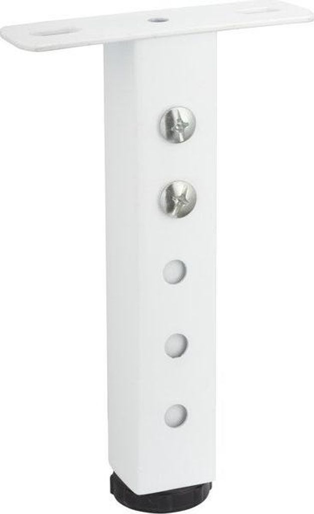 A white adjustable furniture leg with a mounting plate and screws.