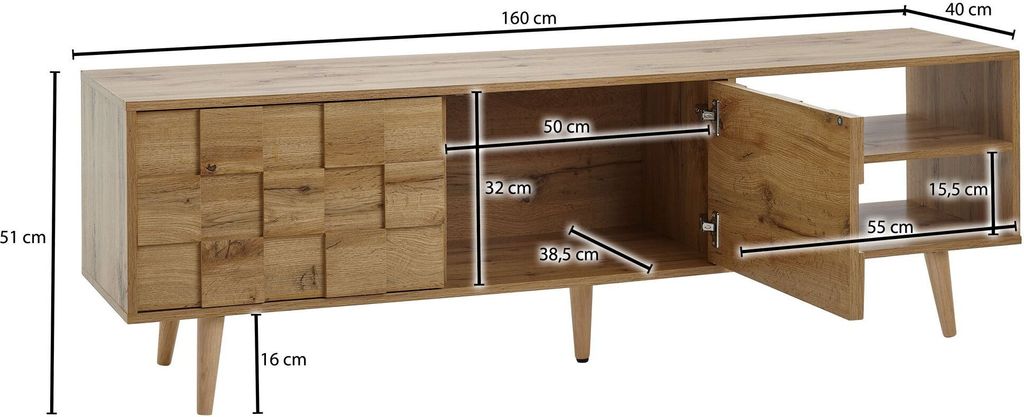 A product image of a wooden TV cabinet with dimensions shown.