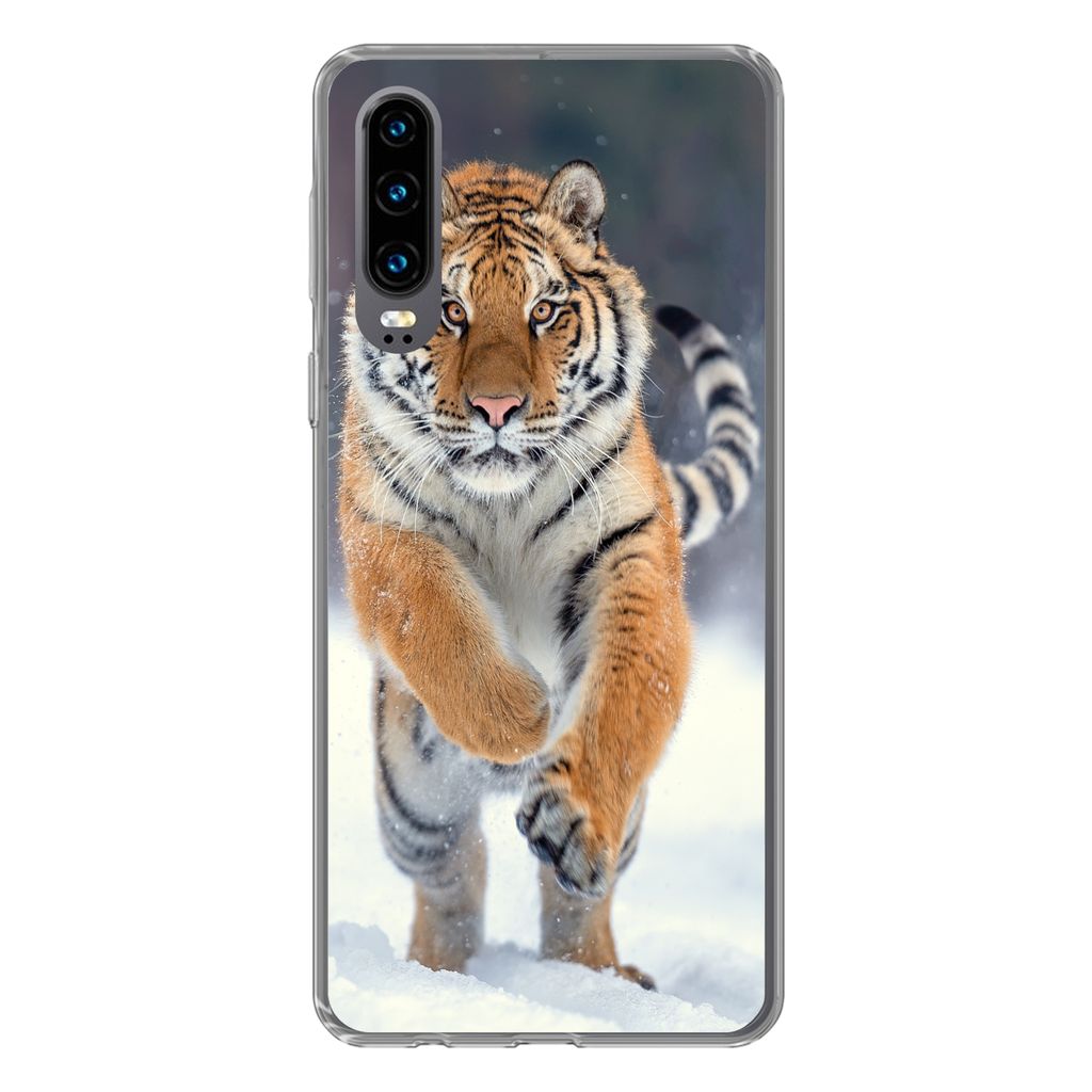 MuchoWow Handyhülle Schutzhülle Hülle für Huawei P30 Tiger - Landschaft - Schnee - Tiere Silikon Softcase Handy Hülle - Kartenbesitzer