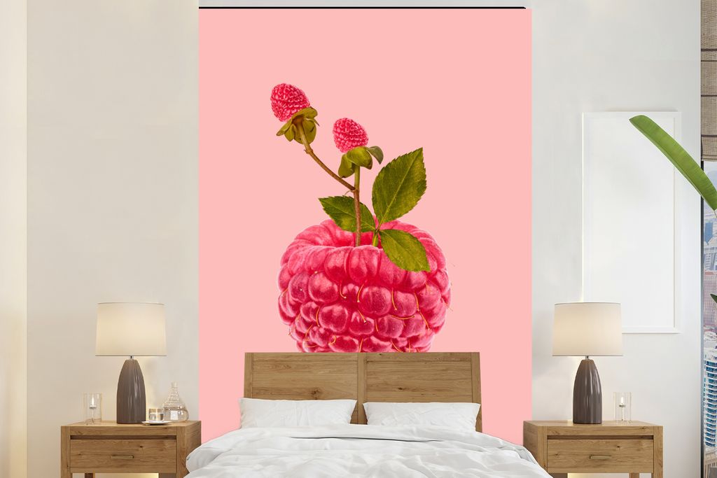 MuchoWow Fototapete für Wohnzimmer oder Schlafzimmer Wandtapete Vinyl Motivtapete Stilleben - Himbeere - Obst - 170x260 cm - Wohnzimmertapete