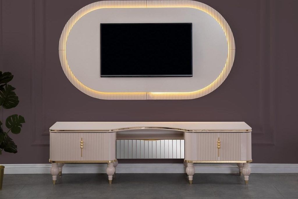 Moderne Beige Wohnwand Garnitur Designer RTV-Lowboard Wandpanel 2tlg