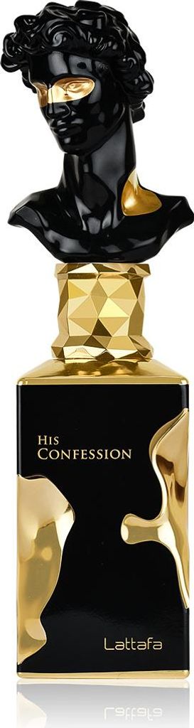 A perfume bottle with a black and gold design, featuring a bust of a classical figure as the cap.