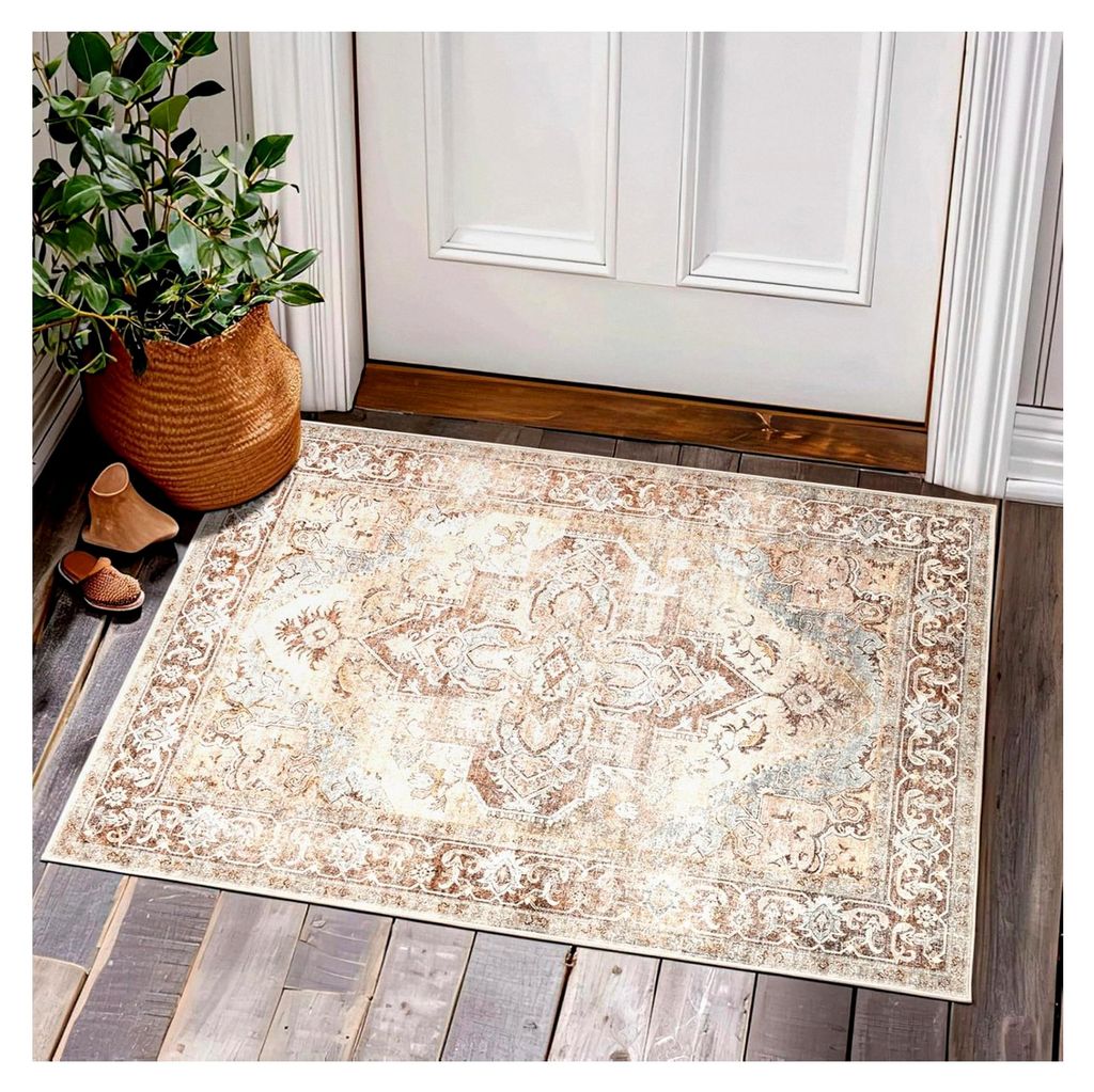 Waschbare Fußmatte Innen Ziegelrot Vintage Blume Orientalisch Dünn Faltbar Türmatte Abtreter rutschfest Teppich für Haustür Eingangs Küche Pa...