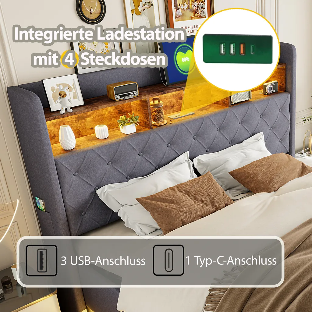 Lit double Boxspring 160x200cm en lin gris avec coffre de rangement - 4