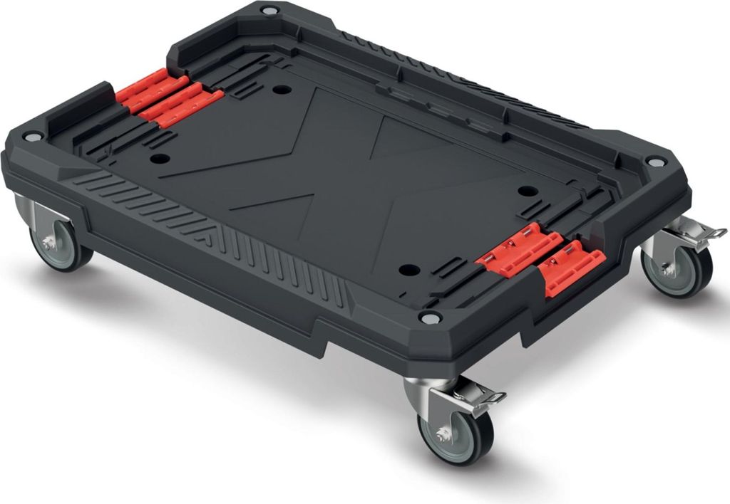 A black and red transport trolley with wheels, shown from a slightly elevated diagonal angle against a white background.