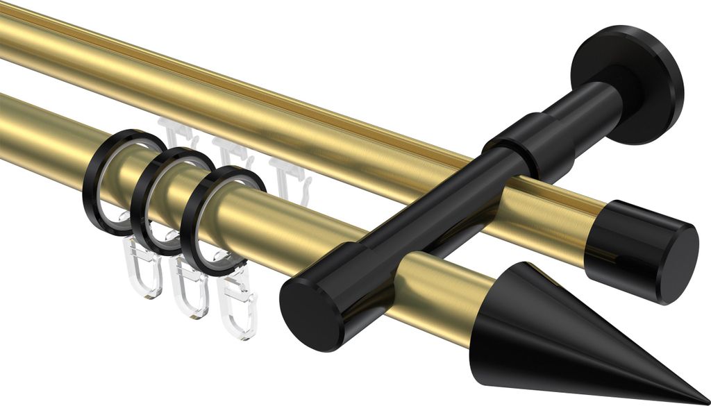 Interdeco Rundrohr-Innenlaufstange / Gardinenstange (Kombination) Messing-Optik / Schwarz, Typ Prestige Savio (Kegel), 20 mm Ø 2-läufig, 220 cm