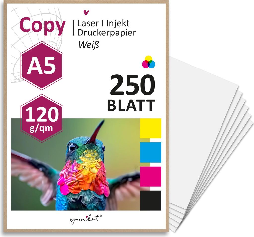 younikat DIN A5 Premium Kopierpapier I 120 g/m² I 250 Blatt in weiß I 148 x 210 mm Blanko I für Druck Basteln Karten Rezeptpapier I geeignet fü...