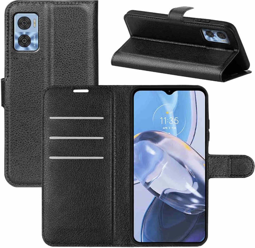 A collage of images showing a black leather flip phone case for a Motorola Moto E22.