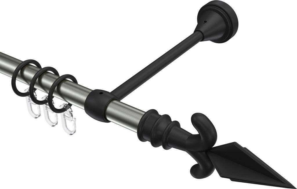 Interdeco Gardinenstange / Vorhangstange Edelstahl-Optik / Schwarz, Typ Primus Matteo (Pfeil), 16 mm Ø 1-läufig, 180 cm