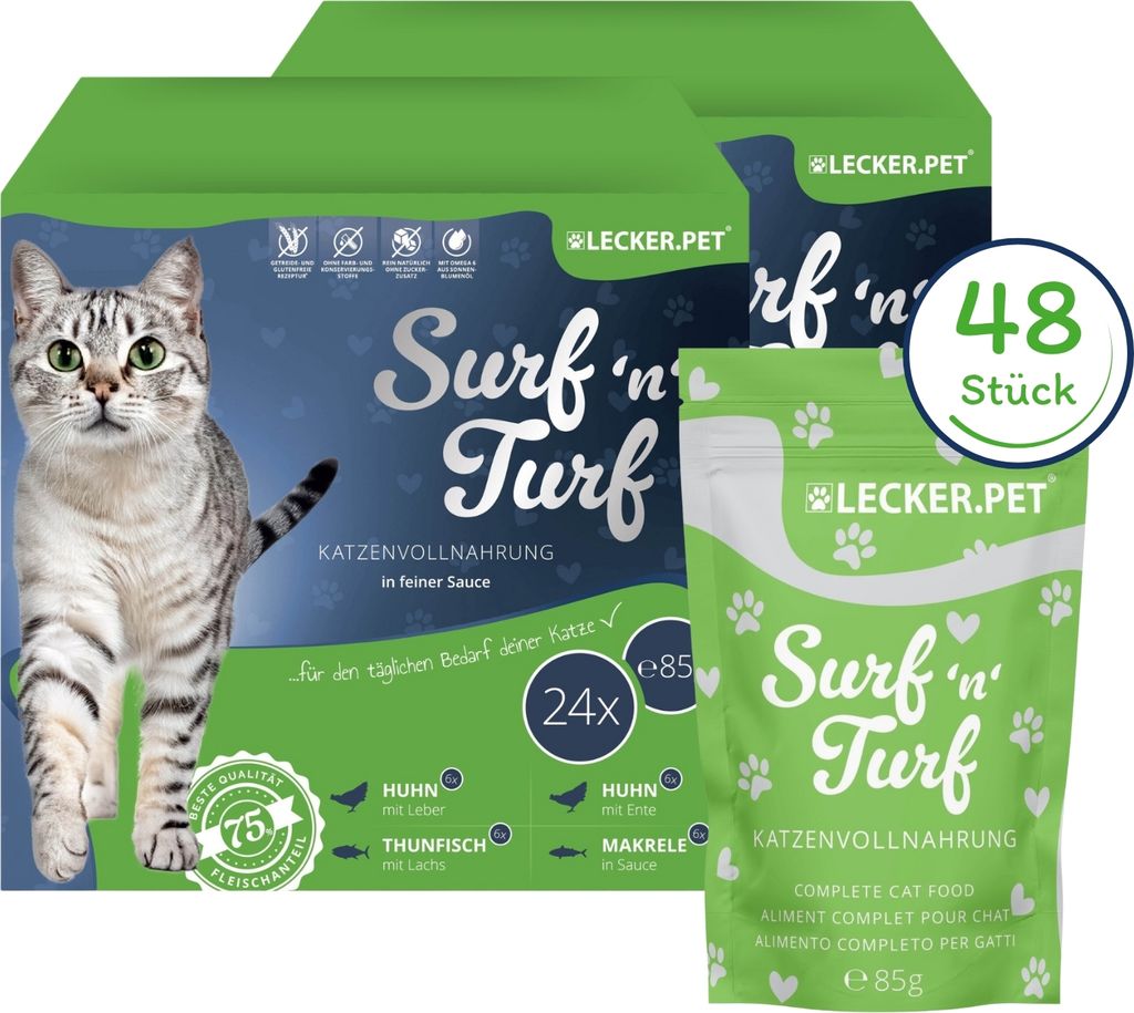 48 x 85 g Lecker.Pet Surf'n'Turf Pouches Katzenfutter in feiner Sauce Nassfutter - 4 Sorten Multipack