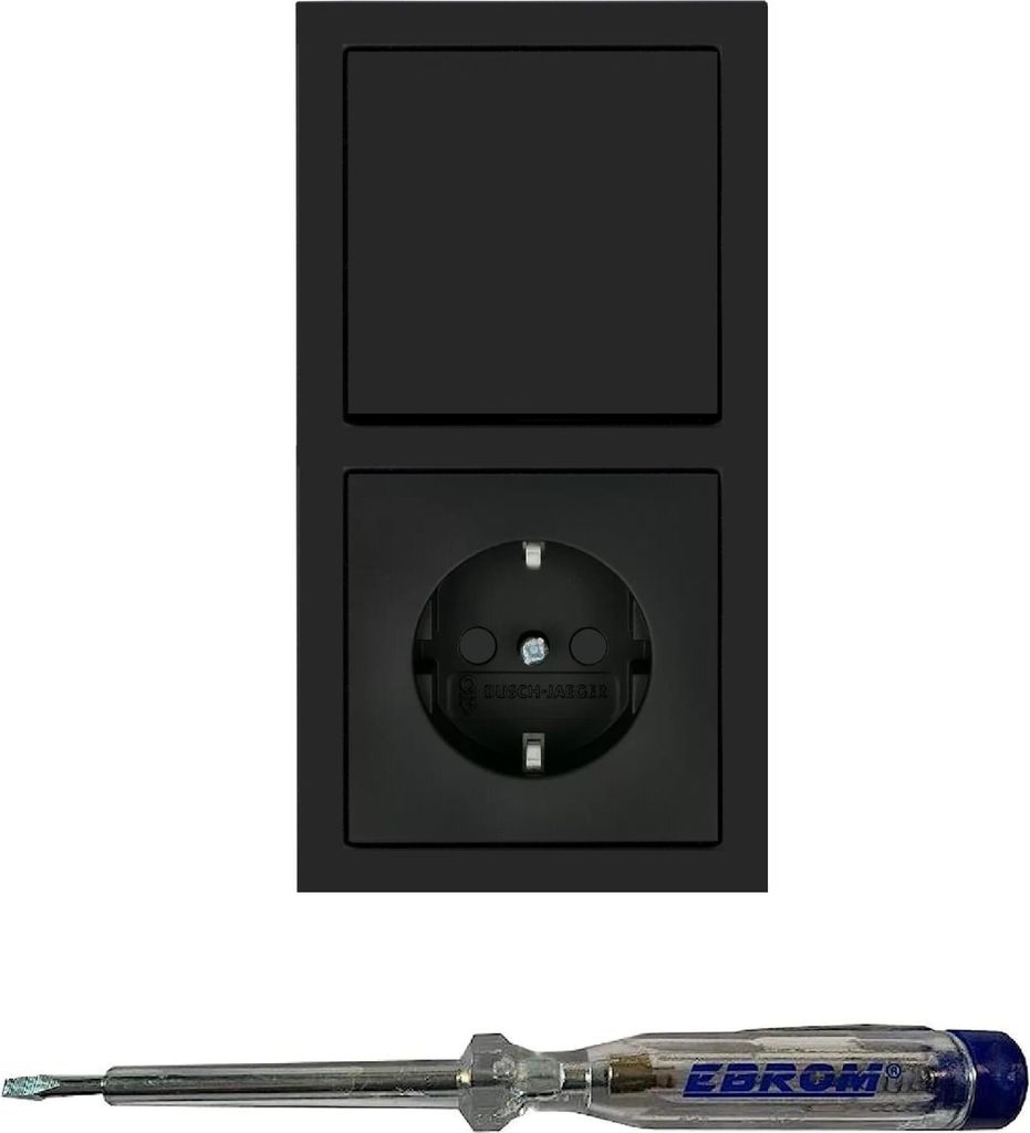 Busch Jäger Lichtschalter Wechselschalter AN/AUS 2000/6 US + Steckdose mit Kinderschutz 20EUCKS-885 im 2-fach Rahmen in SCHWARZ MATT inklusive EBR...