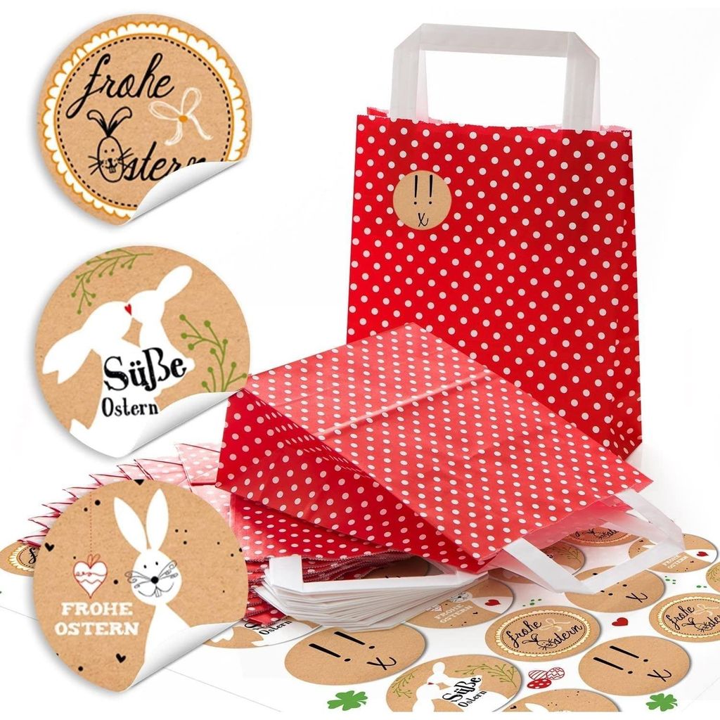 24 kleine rot weiß gepunktete Papiertüten Geschenktüte 18 x 8 x 22 cm kleine Papiertaschen + 24 Oster-Aufkleber beige natur Kraftpapier FROHE OS...