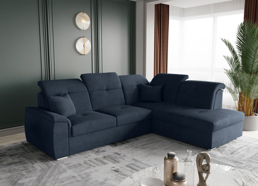 Kaiser Möbel Ecksofa mit schlaffunktion und bettkasten, Schlafsofa, Sofa L Form, Couch L Form BARON stoff Brooklyn Blau Rechts