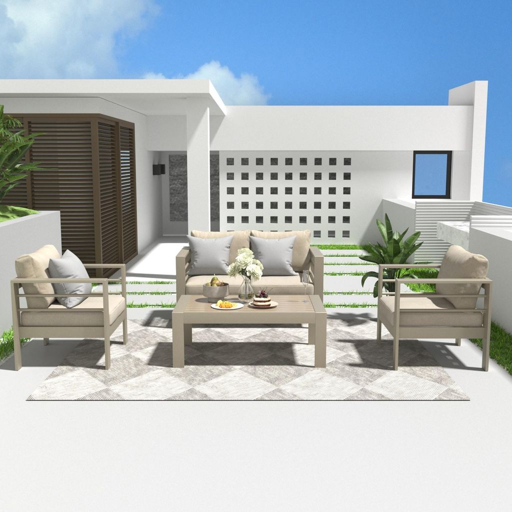 MEXO Gartenmöbel Set Beige Aluminium 3-4 Personen outdoor wetterfest, 12cm Deluxe Relax-Sitzkissen, Gartenlounge-Set 4-tlg. mit 8 cm breite Armlehnen