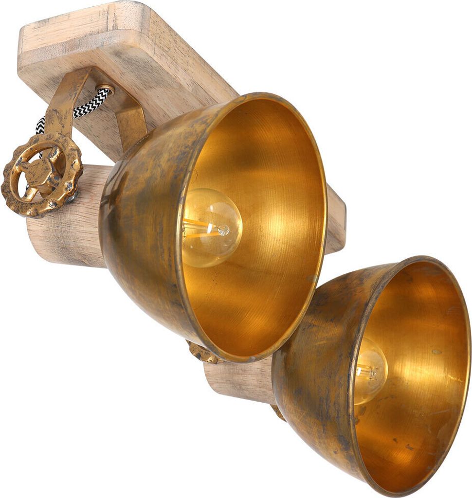 A close-up studio shot of a two-headed light fixture with a wooden base and antique bronze lampshades.