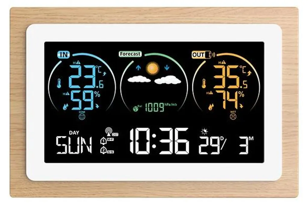 Station Météorologique Digitale Stil Cadre Bois et Sonde Sans Fil