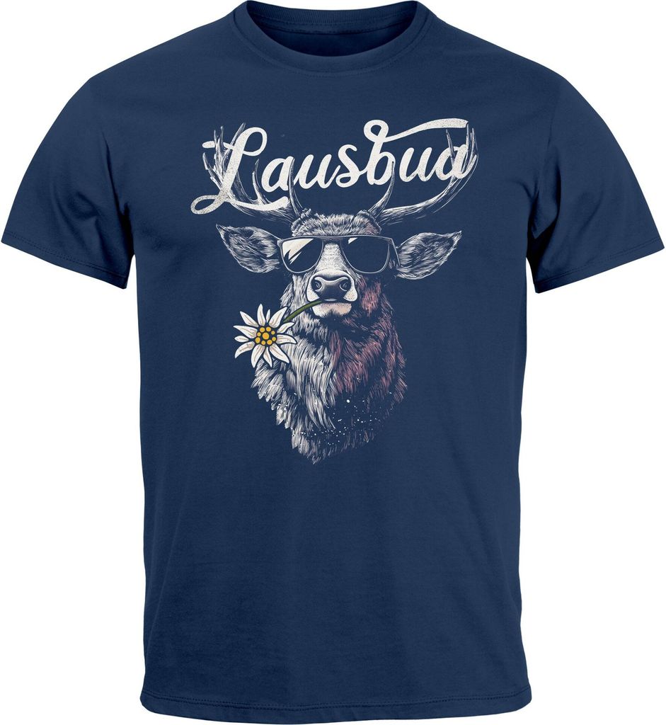 Herren T-Shirt Trachtenshirt Hisch Alpen Edelweiß Schriftzug Lausbua Bayern Dialekt Fashion Neverless navy 5XL