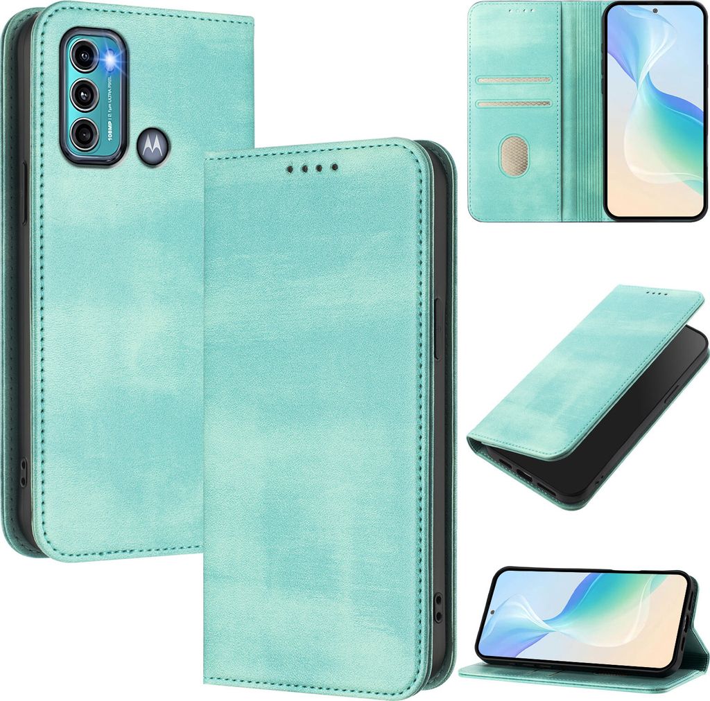 Handyhülle für Motorola Moto G60/Moto G40 Fusion, Vintage Leder RFID Schutz Kartenfach Standfunktion Magnetische Klapphülle Türkis