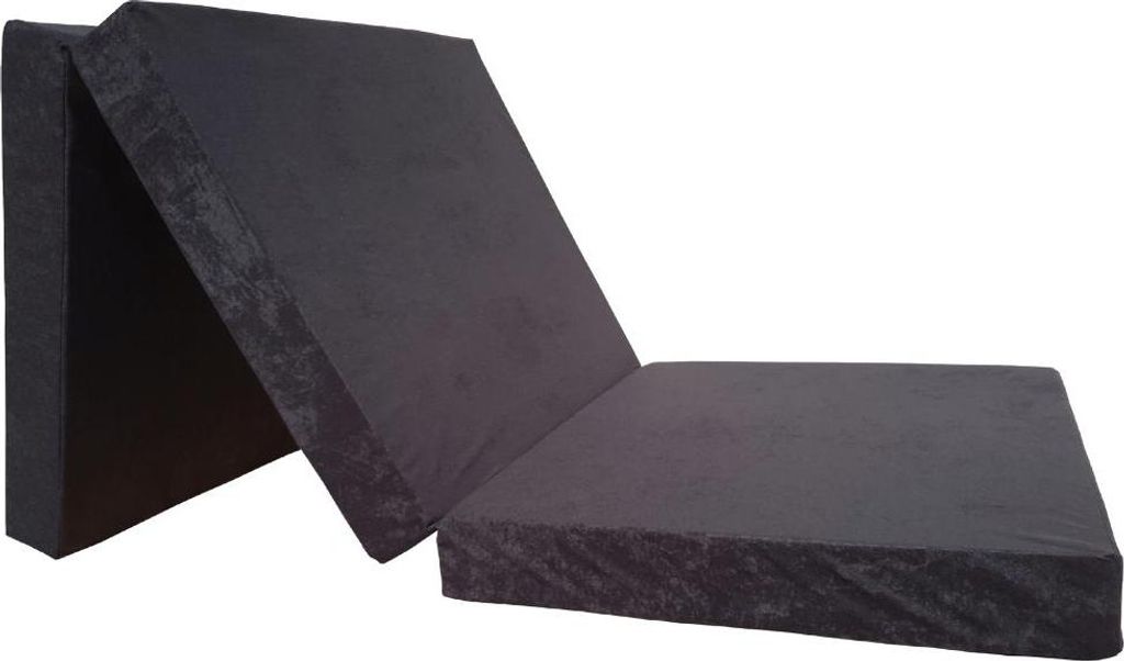 A folded dark gray mattress shown against a white background.
