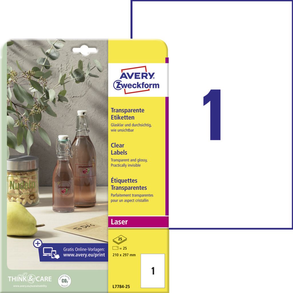 Avery Zweckform L7784-25 Transparente Etiketten, A4, 210 x 297 mm, 25 Bogen/25 Etiketten, transparent