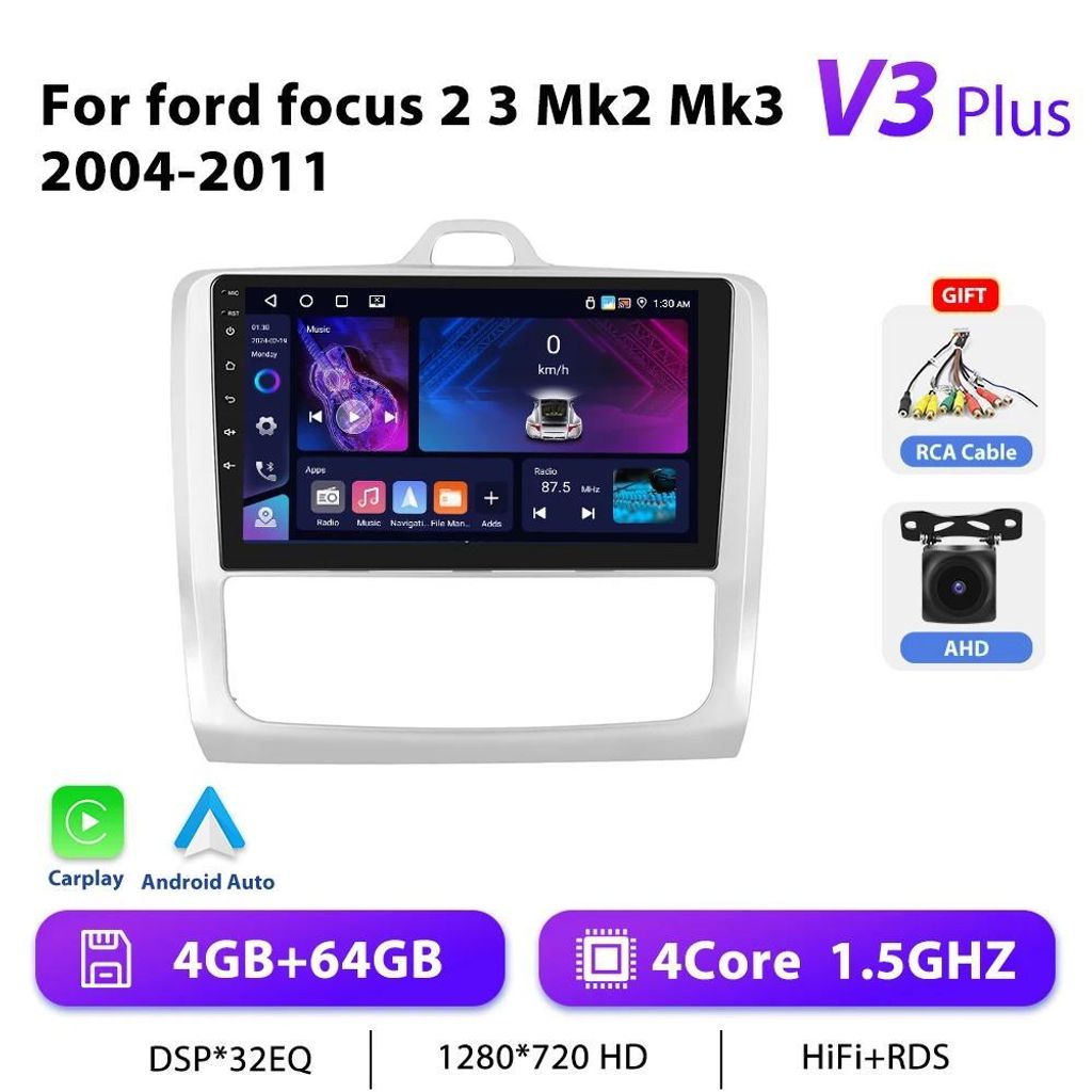 Ford Focus MK2/MK3 2004–2011 - Android Autoradio 2-DIN - 23 cm Touchscreen - Android 13 - 4+64 GB - 1,5 GHz - AHD, GPS, RDS