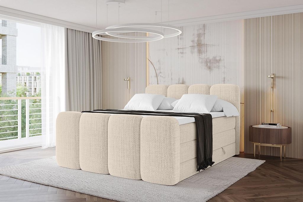 ALTDECOR Boxspringbett mit Fußteil - NINA-Z KING - 120x200 Beige Aragon- Komplett-Set mit H3 und H4 Matratzen und Topper, Polsterbett mit Bettkäs...