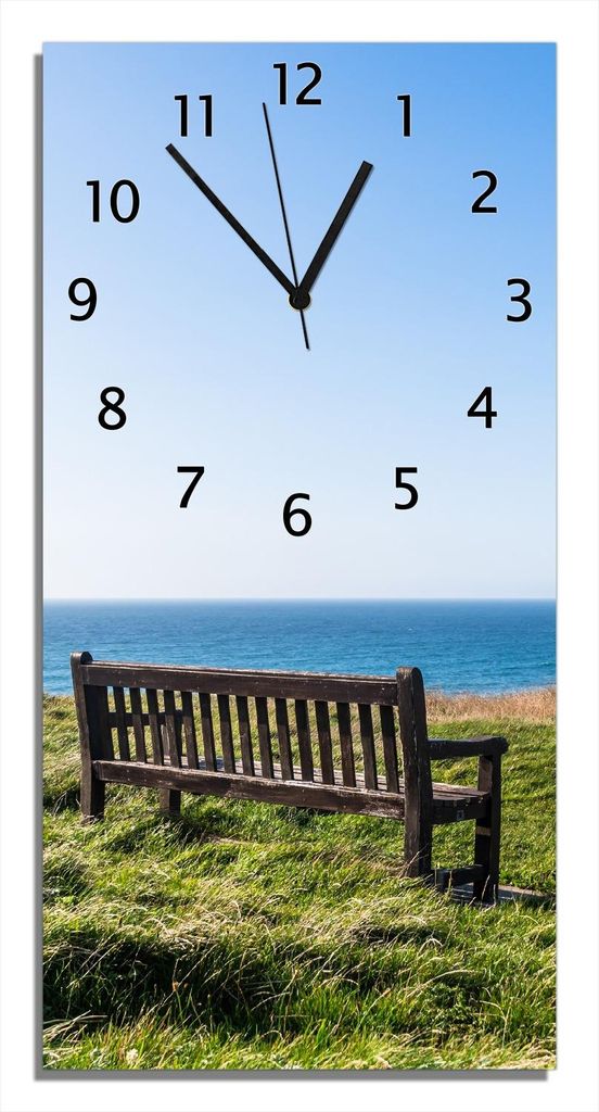 Wallario Design Wanduhr bedruckt, Größe 30 x 60 cm, Motiv: Bank mit Aussicht