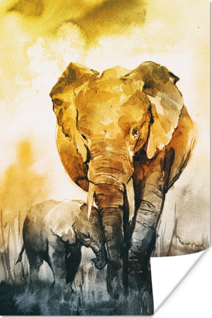 MuchoWow Poster Elefant - Kind - Aquarell 80x120 cm - Papierdruck
