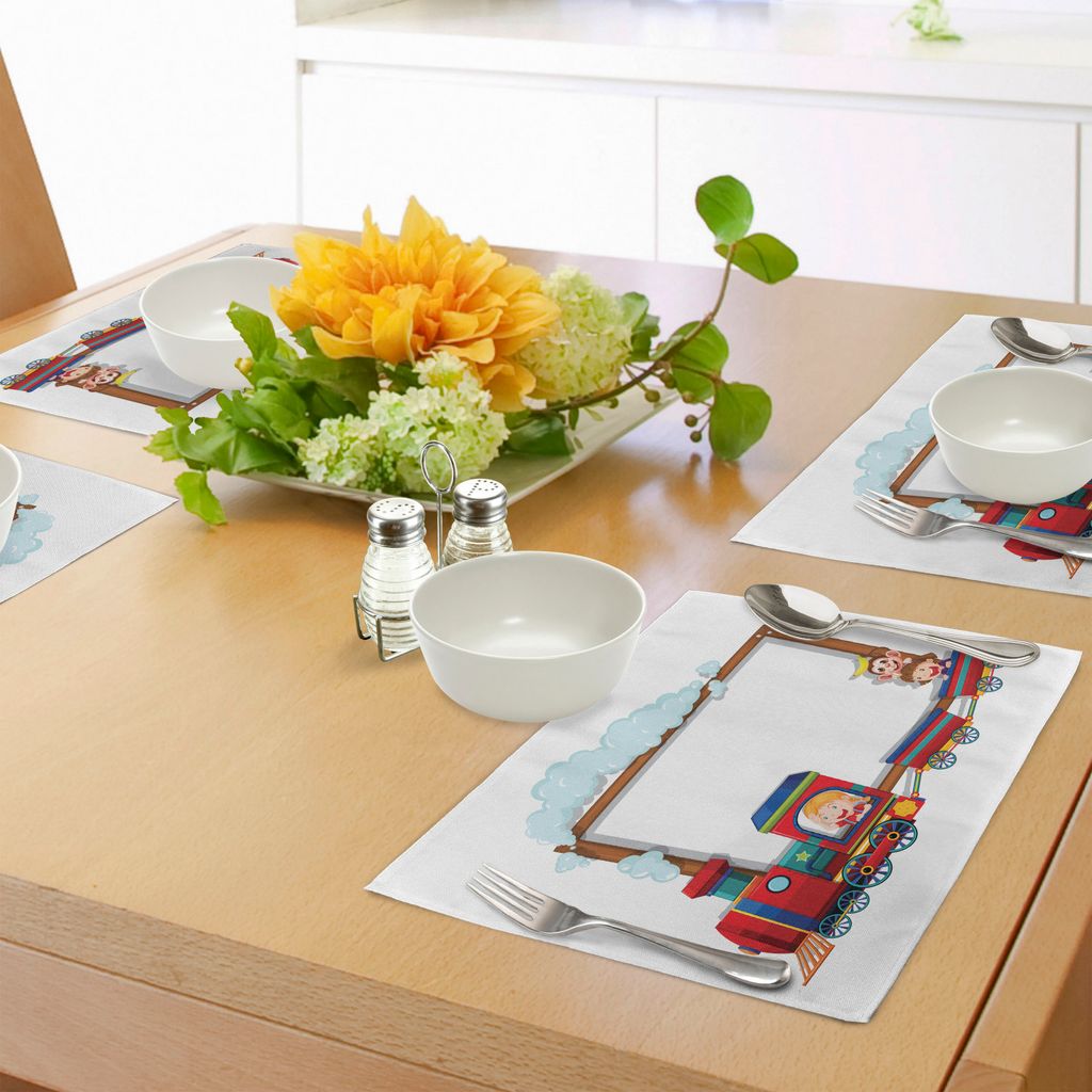 ABAKUHAUS Kinder Platzmatten, Frohe Kinder, die auf einen Karikatur-Zug mit einem lustigen AFFE-Kleinkind-Kindertuch-Thema Reisen, Waschbarer und F...