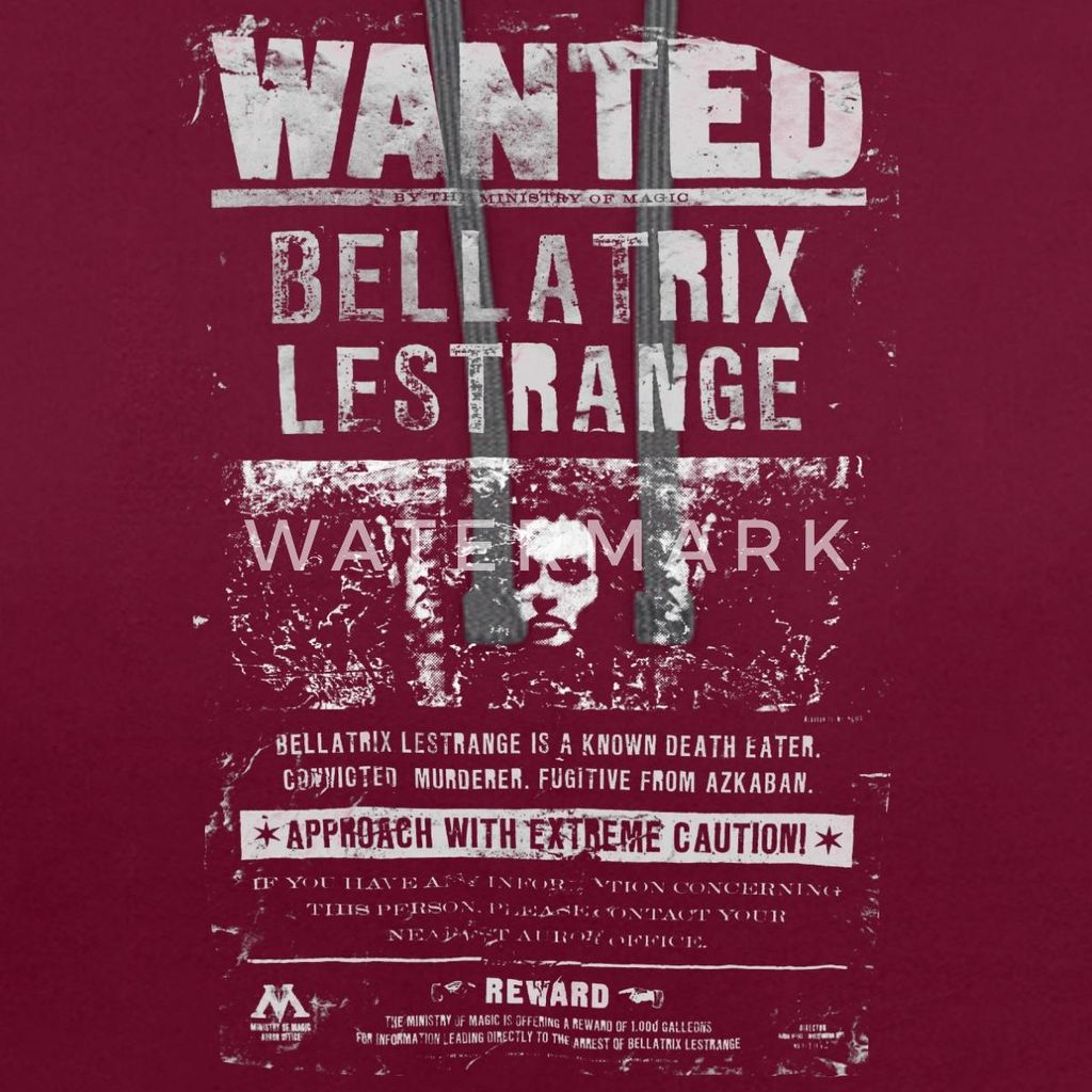 Spreadshirt Harry Potter Bellatrix Lestrange Wanted Poster Uni Kontrast Hoodie, L, Weinrot/Anthrazit