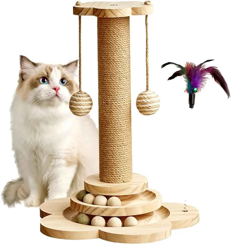 Arbre à chat 46 cm en bois de pin - 3 niveaux et balles interactives