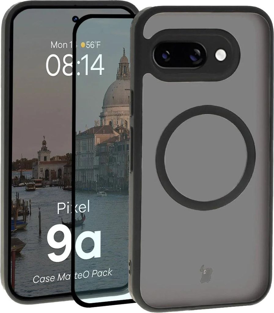 Schutzhülle mit Magnetring + gehärtetem Glas Bizon MatteO Pack für Google Pixel 9a, Getönt-Schwarz