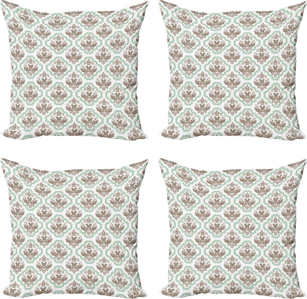 ABAKUHAUS Damast Kissenbezug Set (4 Stück), Ethnische Blumen Details Strudel, Moderner Doppelseitiger Digitaldruck, 40 cm x 40 cm, Cocoa Sea Green...