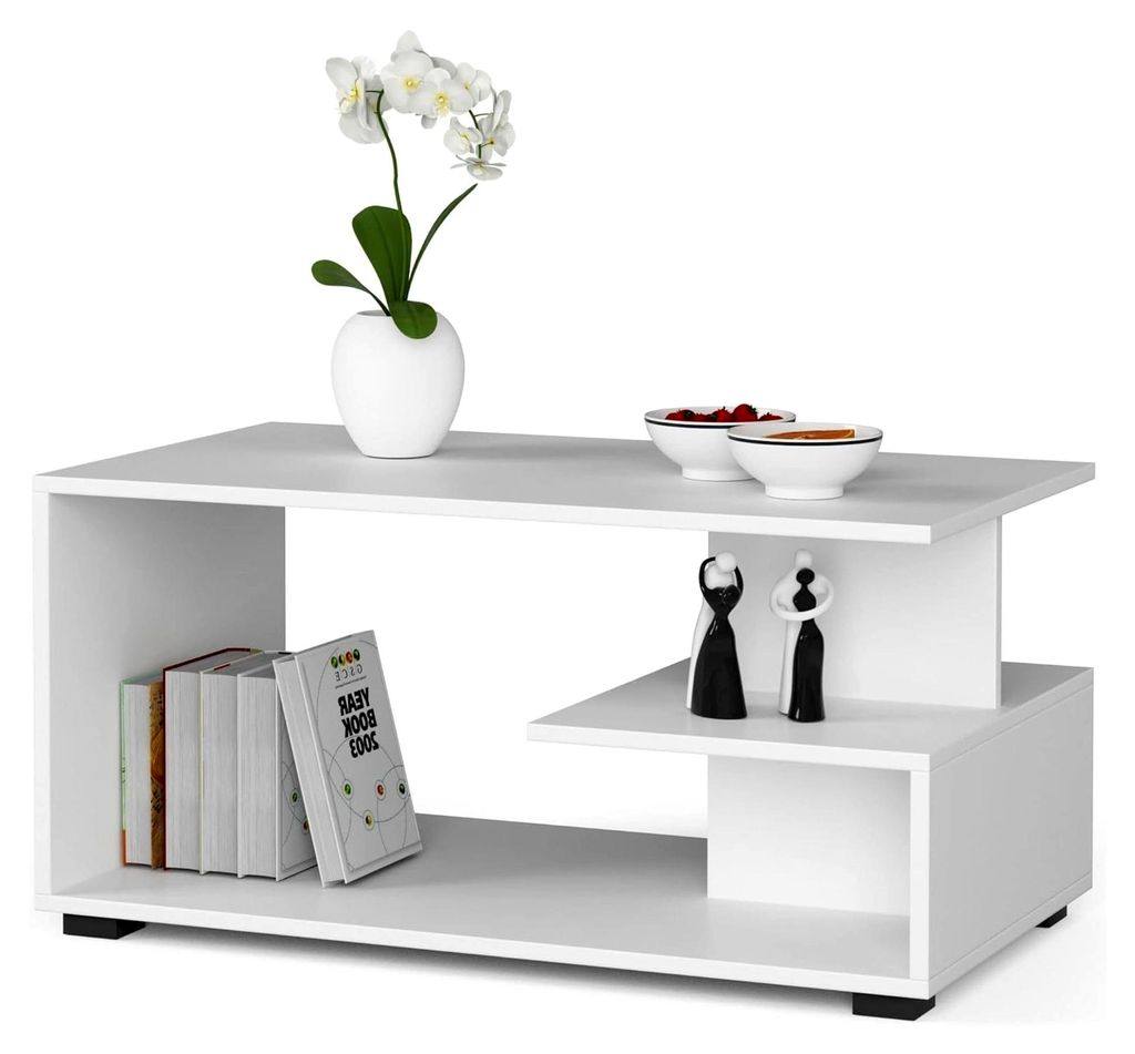 Couchtisch Holz | 90 x 45 x 51 cm | Schrank für Wohnzimmer | Schlafzimmer Schrank | Minimalistisches modernes Design | Laminatplatte 16 mm in Weiß