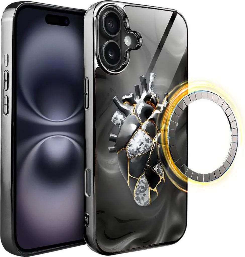 Custodia in vetro IBIZU Elite per iPhone 16, arte Kintsugi, cuore di porcellana, nero