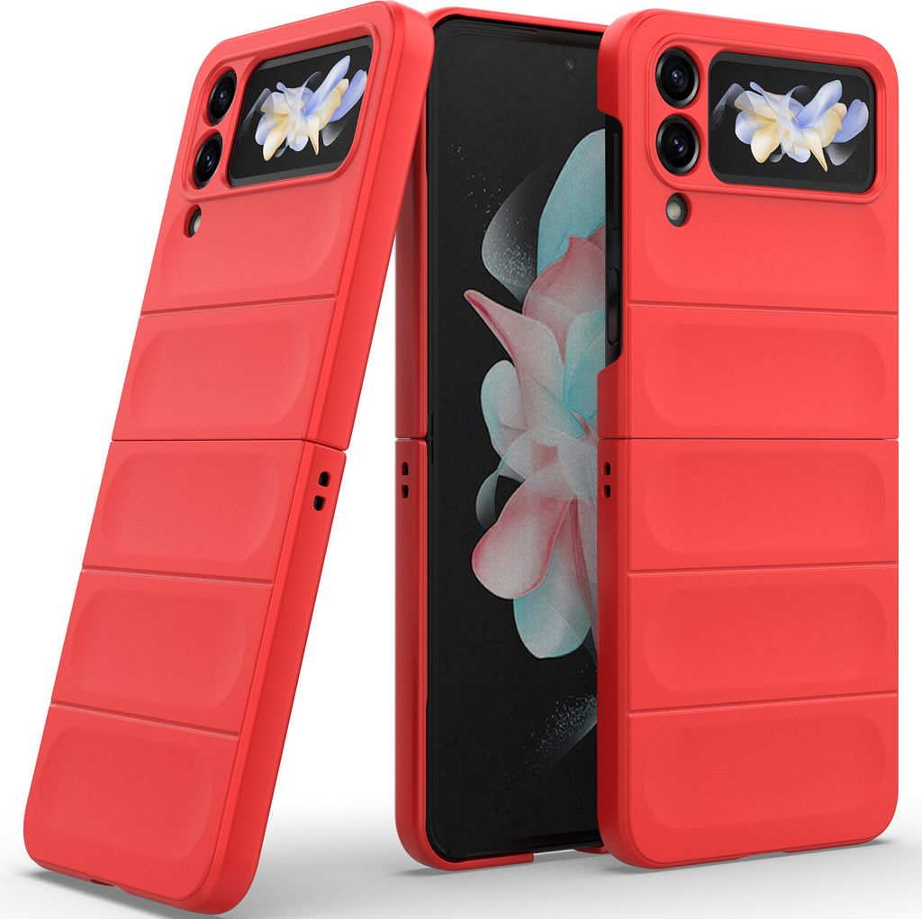 A red phone case for a Samsung Galaxy Z Flip 4 5G is shown in a studio setting.