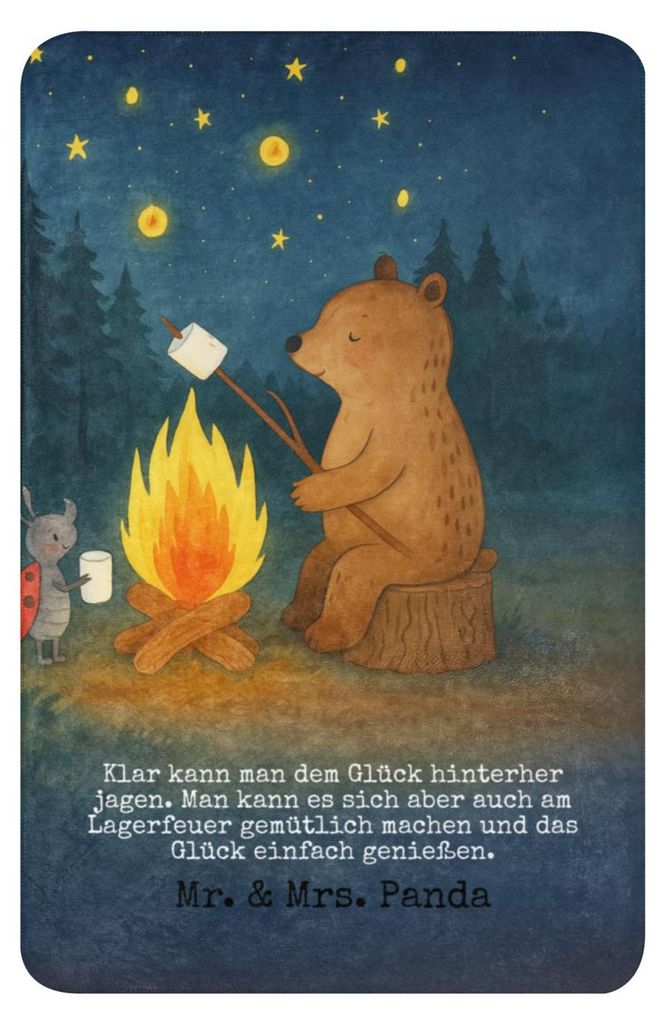 Mr. & Mrs. Panda Plaid Bär & Marienkäfer Lagerfeuer Design 100 x 150 cm - Weiß - Geschenk, Teddy, Heimdecke, Kuscheldecke, Decke, Sofadecke, Wä...