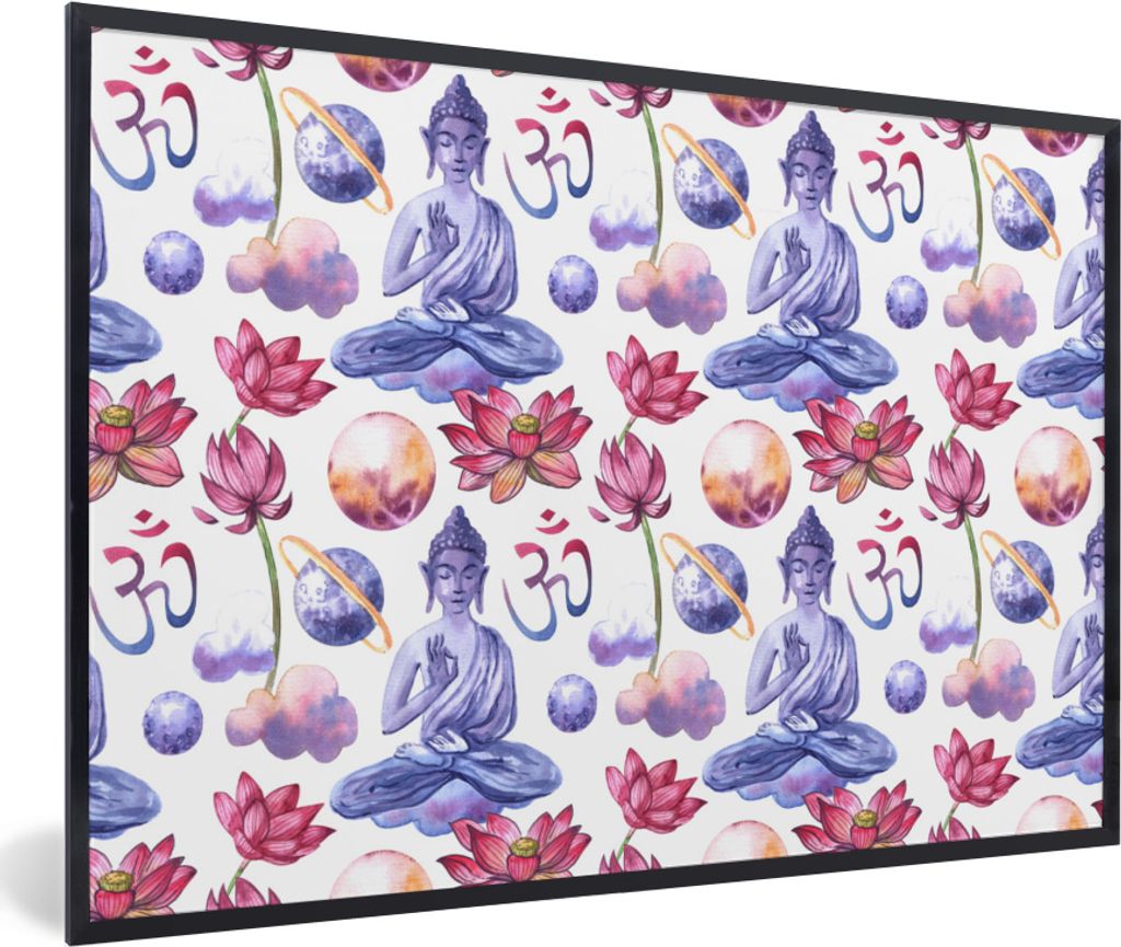 MuchoWow MuchoWow Gerahmtes Poster Buddha - Muster - Weiß 90x60 cm - Poster mit zchwarzem Bilderrahmen - Fotorahmen - Foto-Plakat