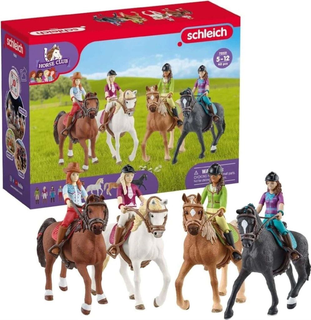 A product box for a Schleich Horse Club toy set, with toy horses and riders displayed on the box and in front of it.